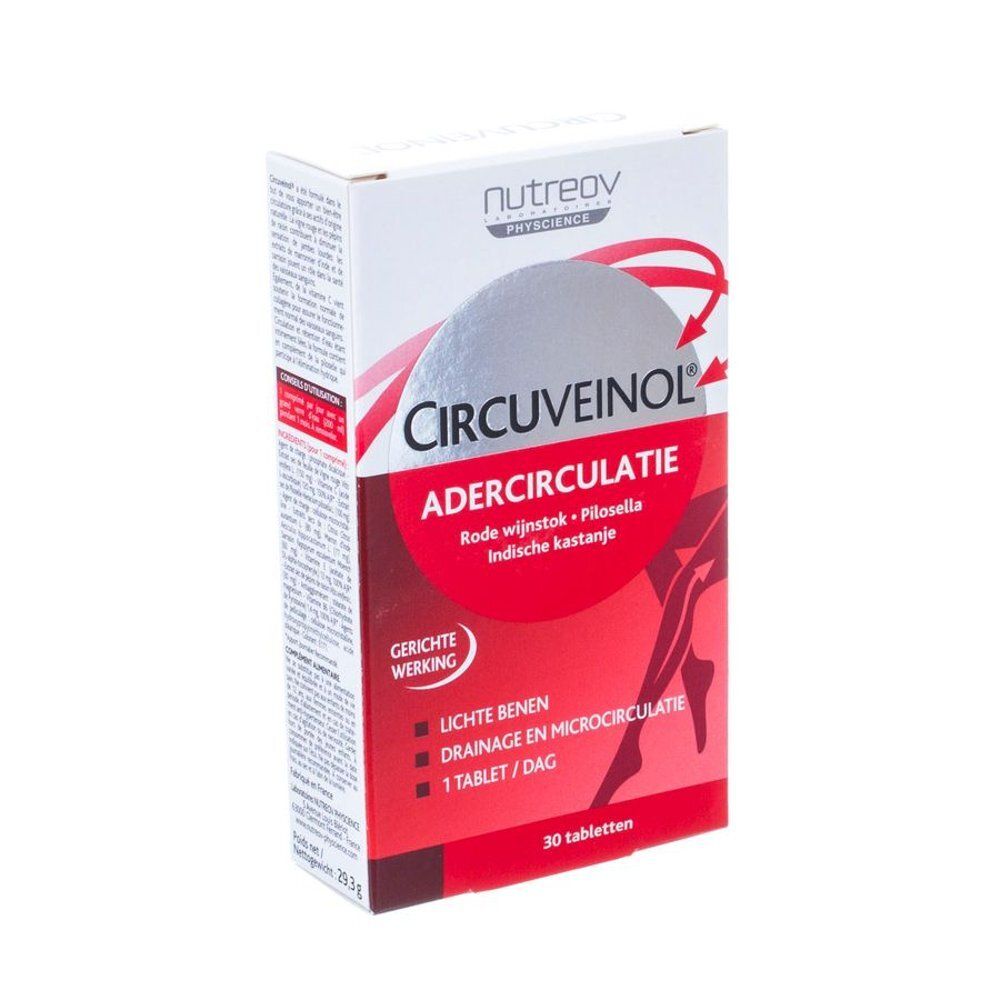Boîte de Circuveinol. Carton rouge et blanc avec nom et informations. 30 comprimés. Texte: Adercirculatie, Lichte benen.