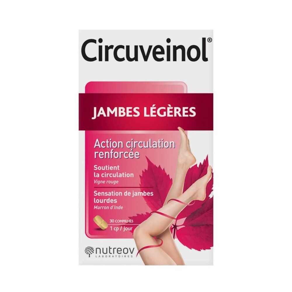 Verpakking van Circuveinol. Witte doos met rode band en productnaam. 30 tabletten. Tekst: Jambes légères, Action circulation renforcée.