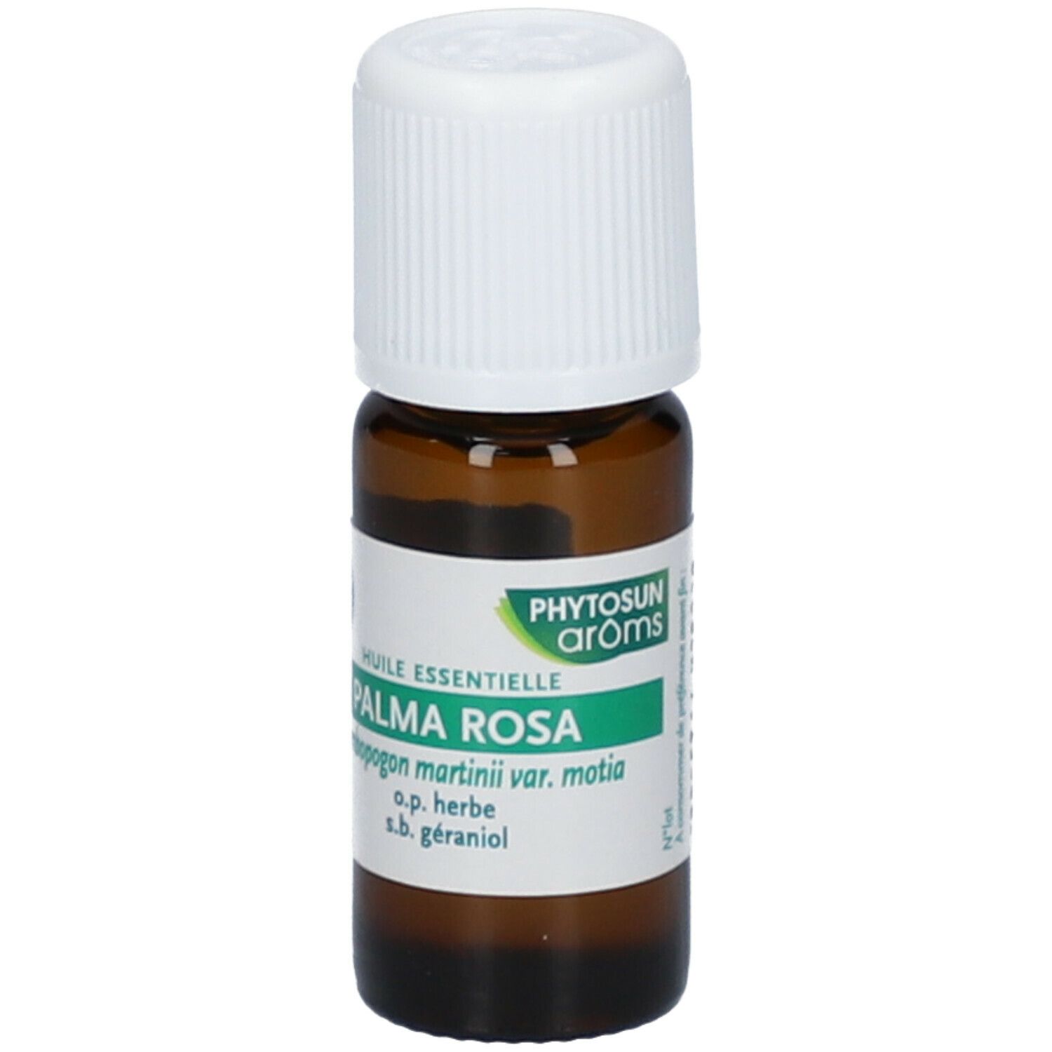 Bruine fles met witte dop. Etiket met productnaam Palma Rosa en merk Phytosun aroms. Tekst: Huile essentielle.