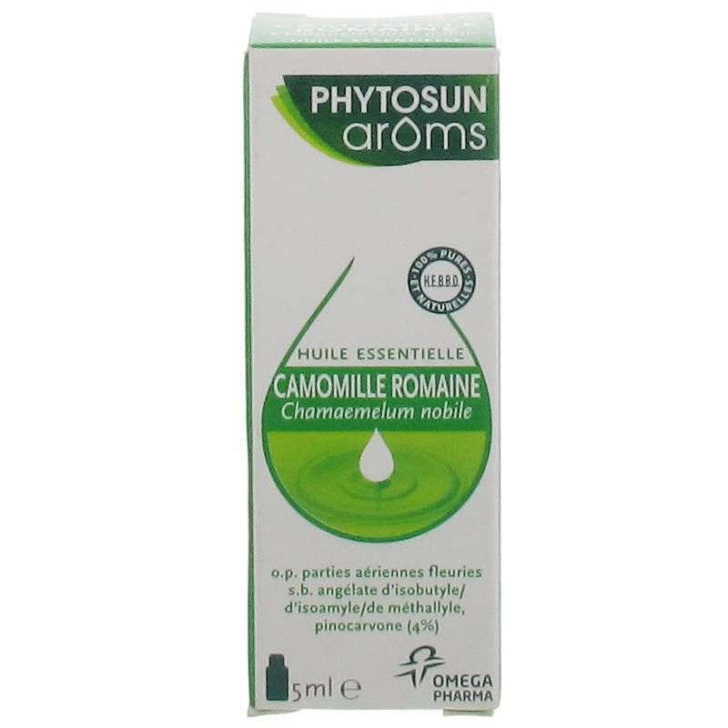 Verpakking van Phytosun arôms. Bevat essentiële olie van Kamille. Inhoud 5ml. Met logo Omega Pharma.