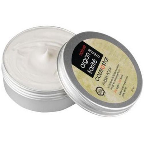 Pot rond ouvert avec crème. Inscription: nature argan karité crème cosmostar. Hydra Body. Certification bio.
