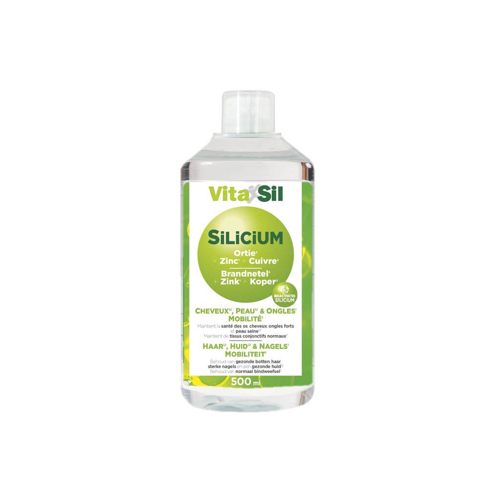 Groene fles met witte dop. Opschrift: Vita Sil, SiLiciUM, Brandnetel, Zink, Koper. Voor haar, huid & nagels. 500ml.