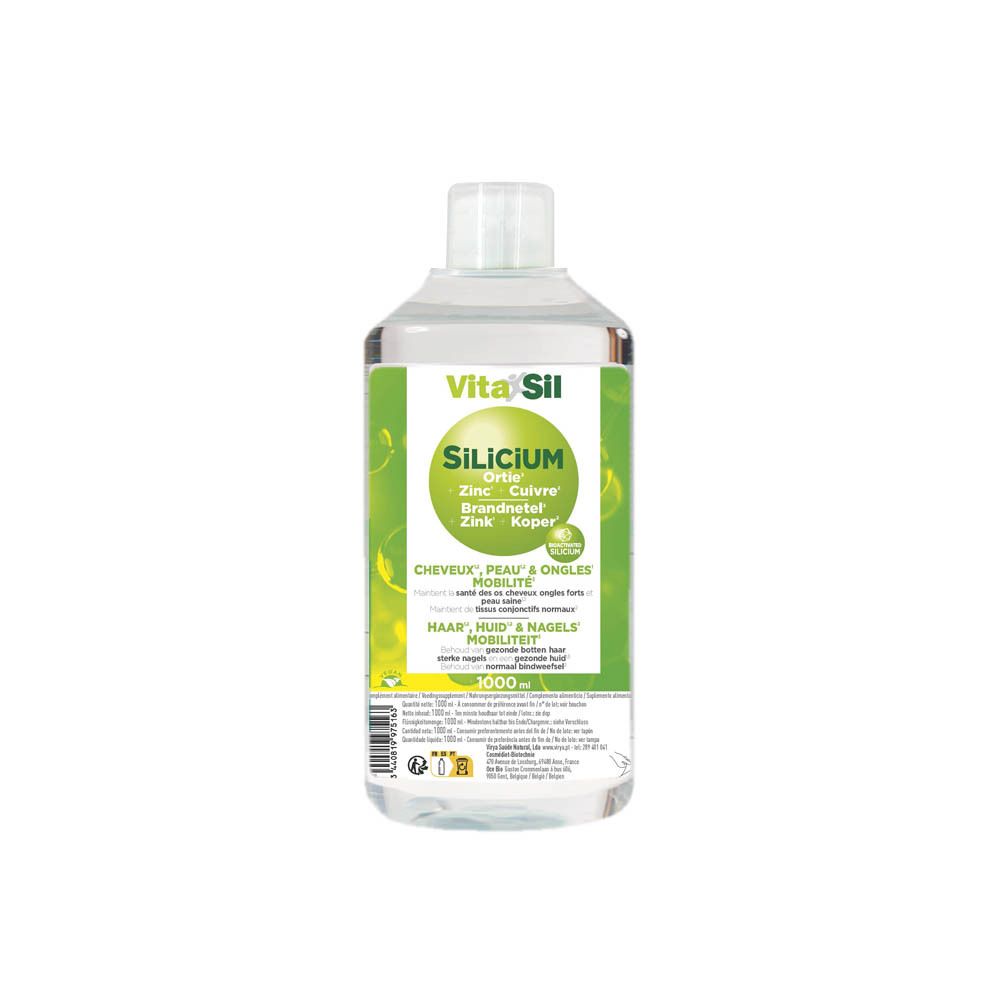 Groene fles Vitasil Silicium Organique. Opschrift: Silicium, Zink, Koper. Cheveux, Peau & Ongles. 1000ml.