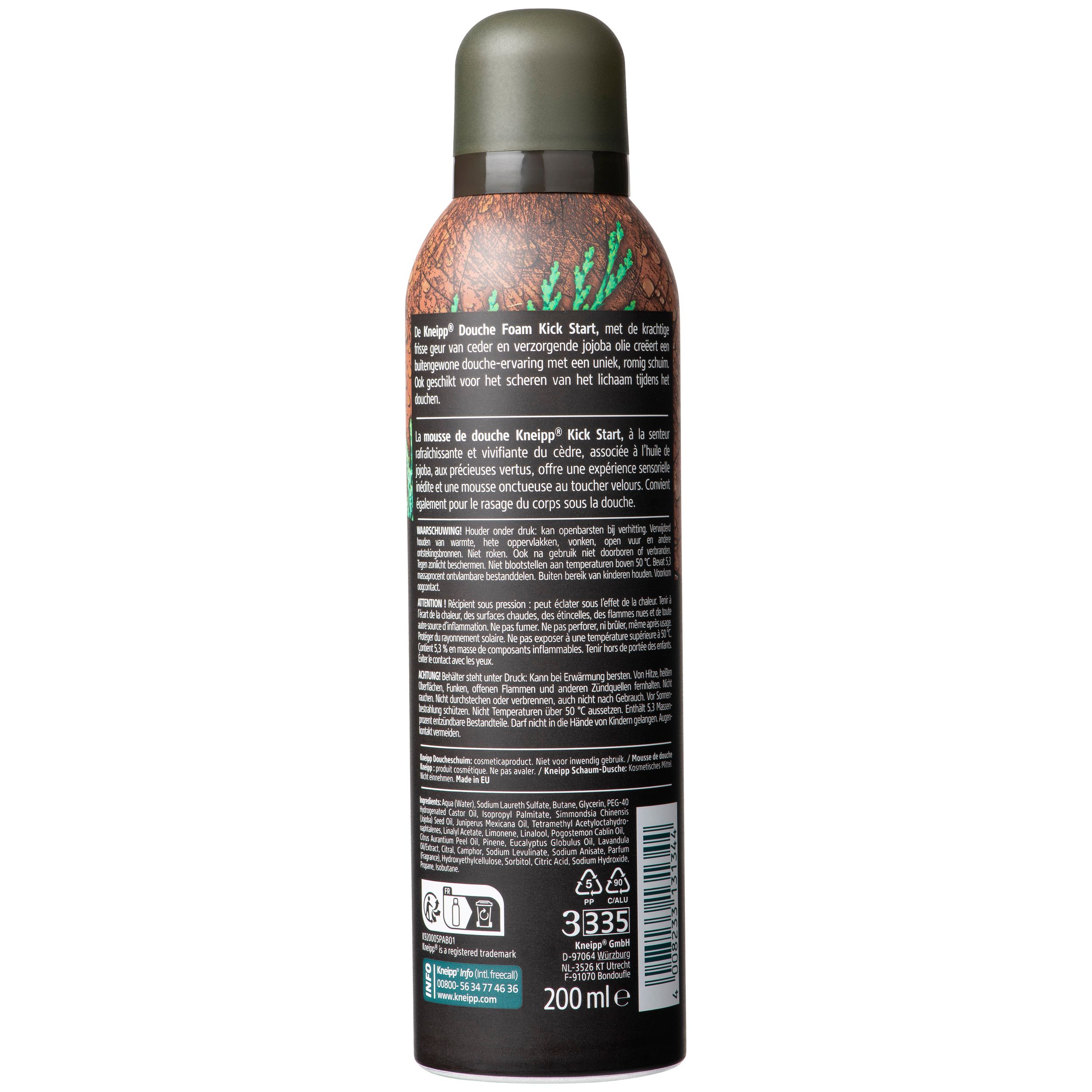Mousse de douche Kneipp® Man Kick Start. Bouteille avec bouchon marron. Texte: MEN, Mousse de douche, Cèdre-Huile de jojoba.