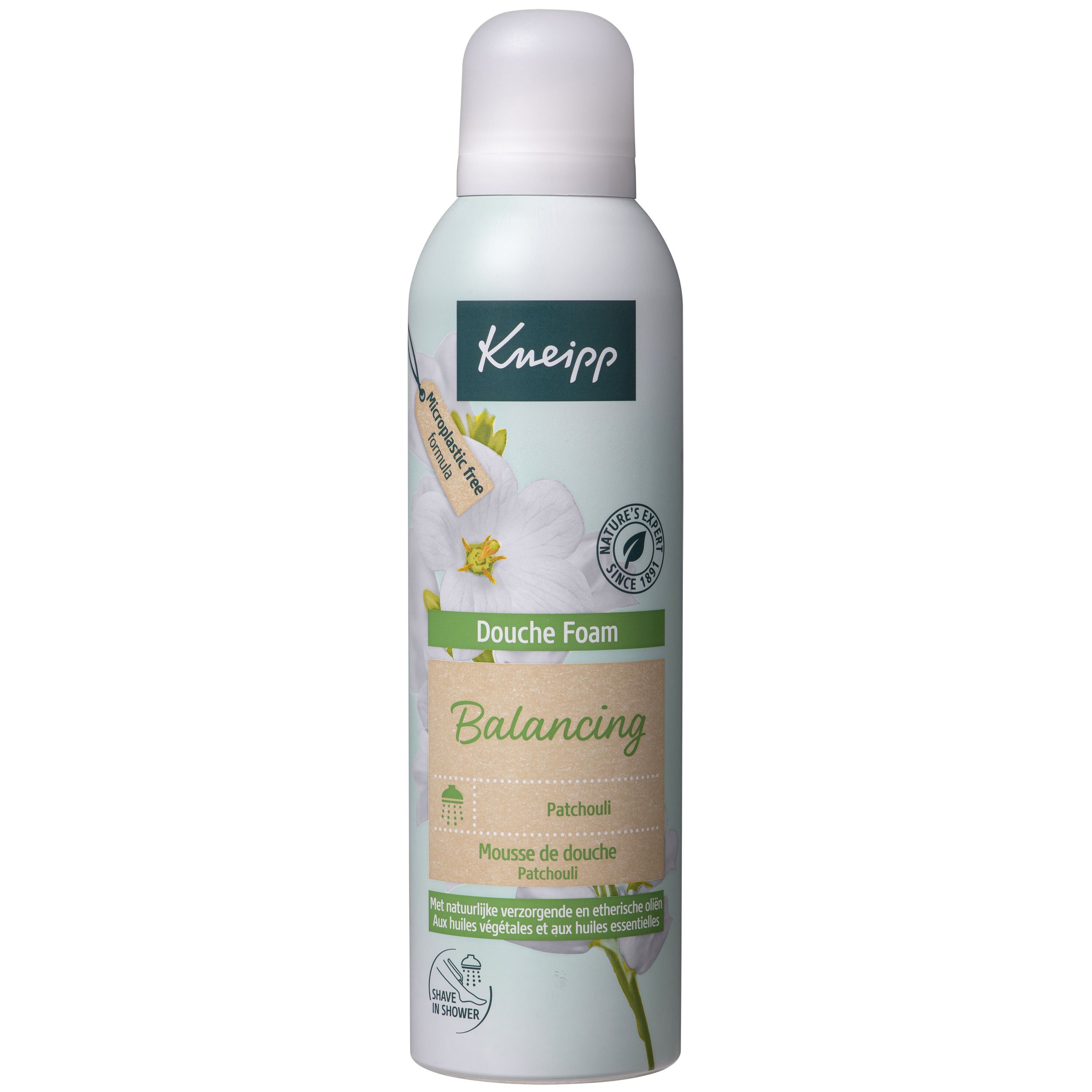 Witte en zilveren fles met Kneipp-logo, etiket "Duschschaum", "Balancing" en "Patchouli".