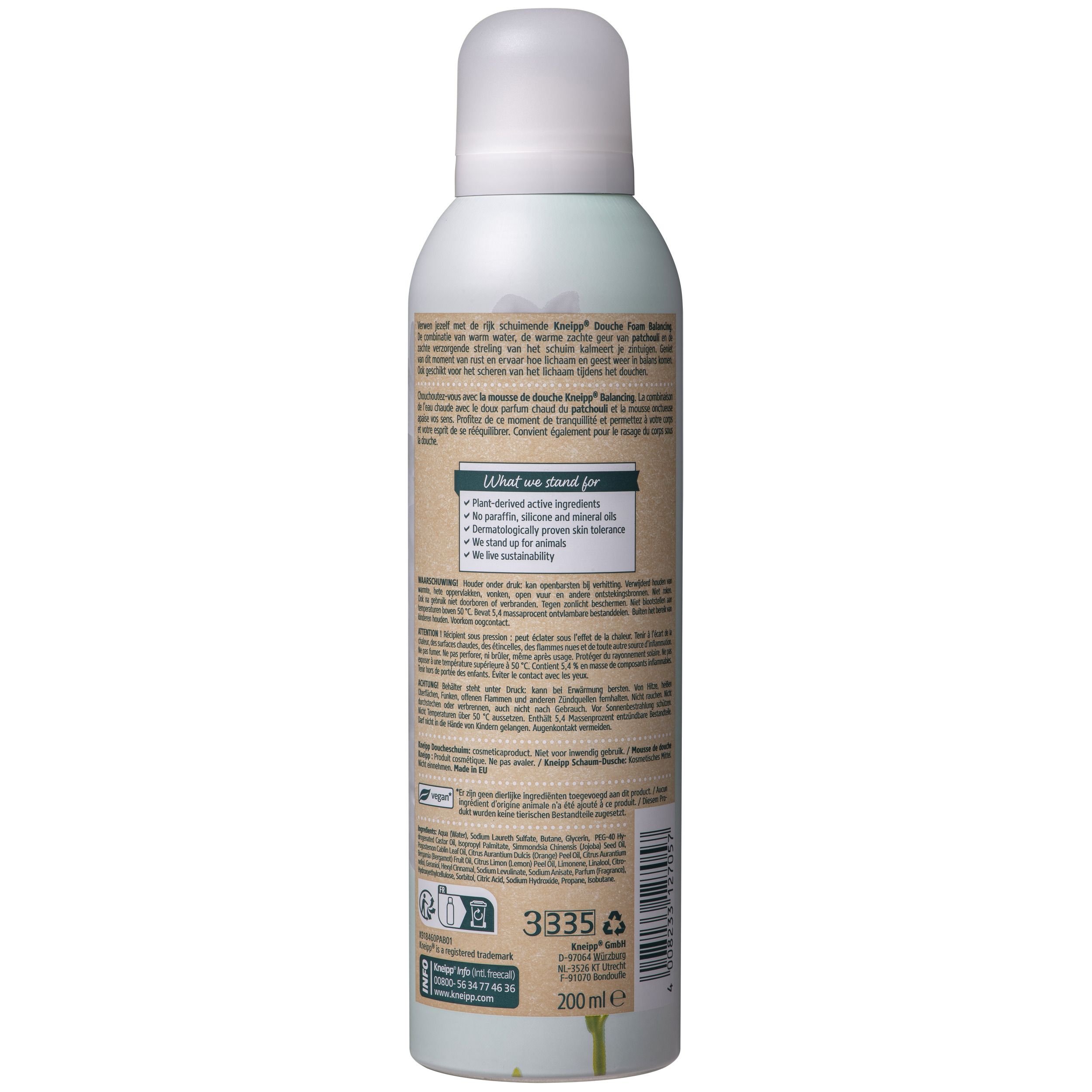 Witte en zilveren fles met Kneipp-logo, etiket "Duschschaum", "Balancing" en "Patchouli".