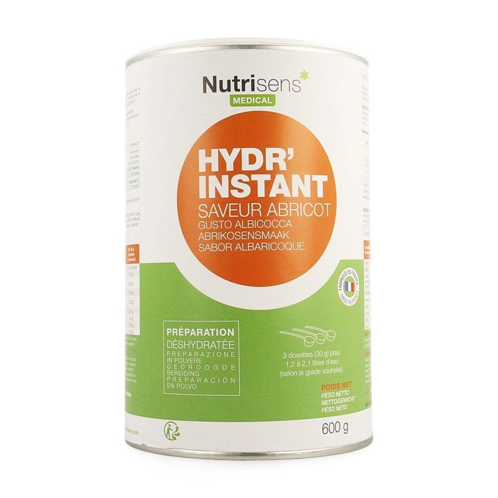 Boîte cylindrique avec couvercle blanc et étiquette verte. Inscription: HYDR' INSTANT, saveur abricot. Marque: Nutrisens Medical. Poids net: 600 g.