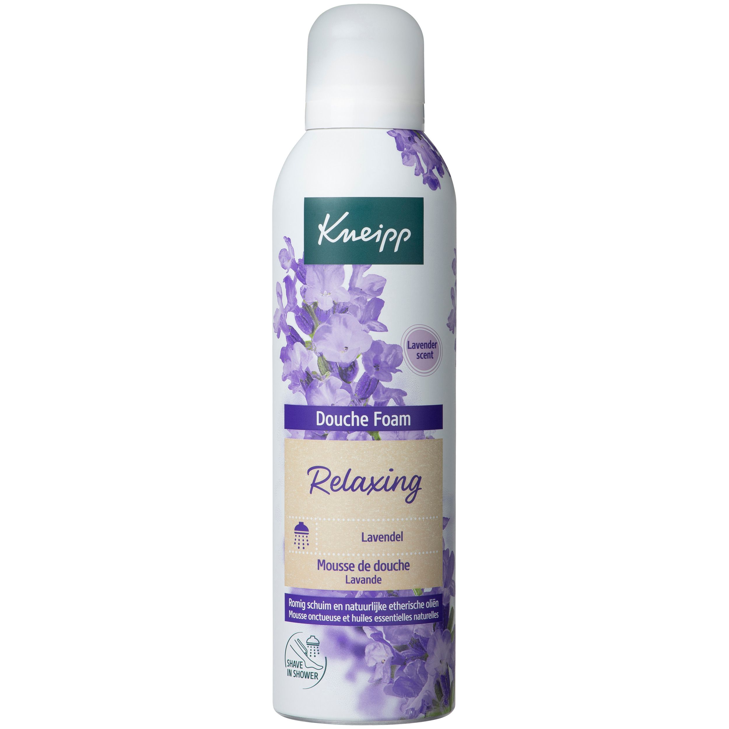 Kneipp Doucheschuim Lavendel. Witte fles met paars lavendelontwerp. Productnaam en logo zichtbaar.