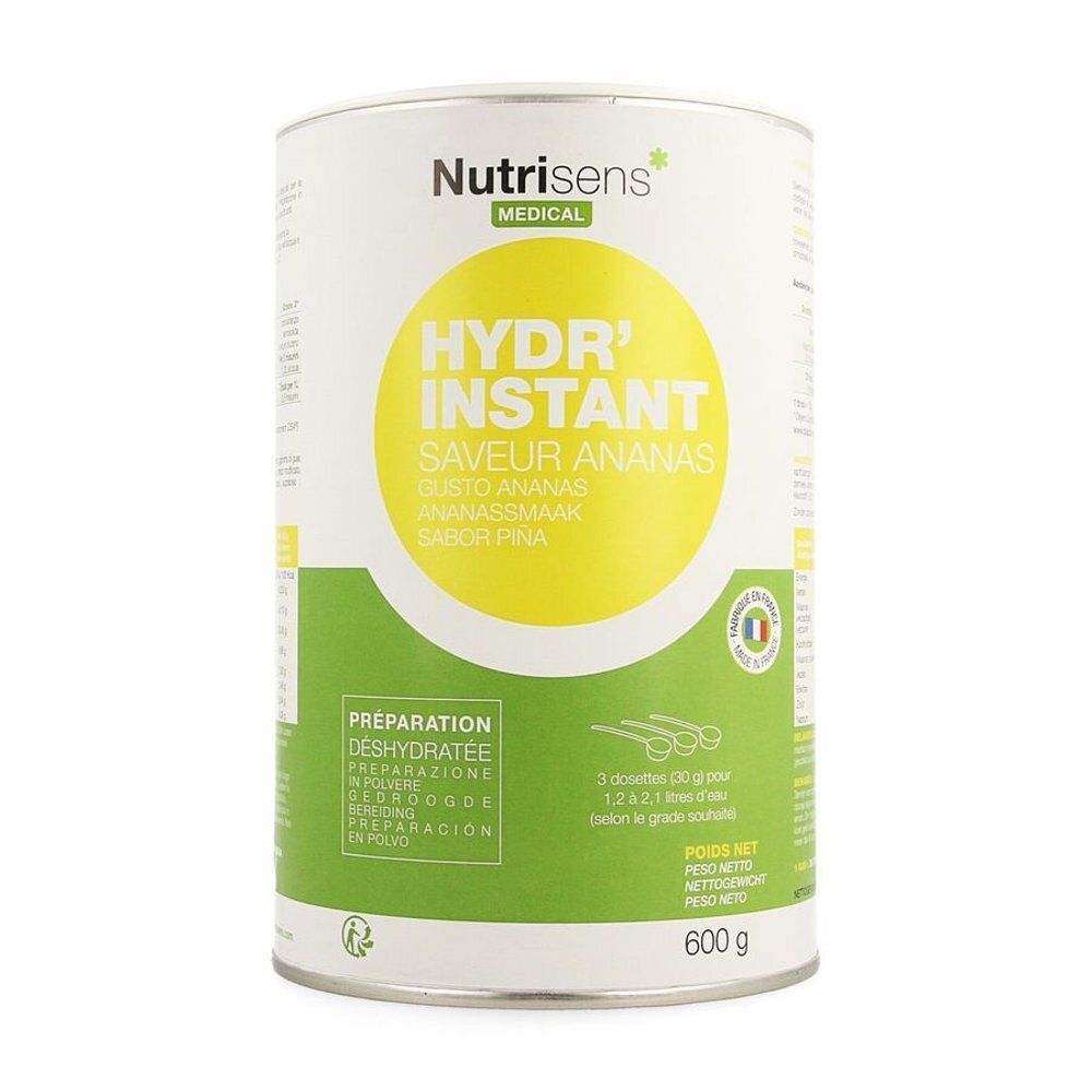 Cilindervormige bus met geel etiket. Opschrift: HYDR' INSTANT, smaak ananas. Merk: Nutrisens Medical. Netto gewicht: 600 g.