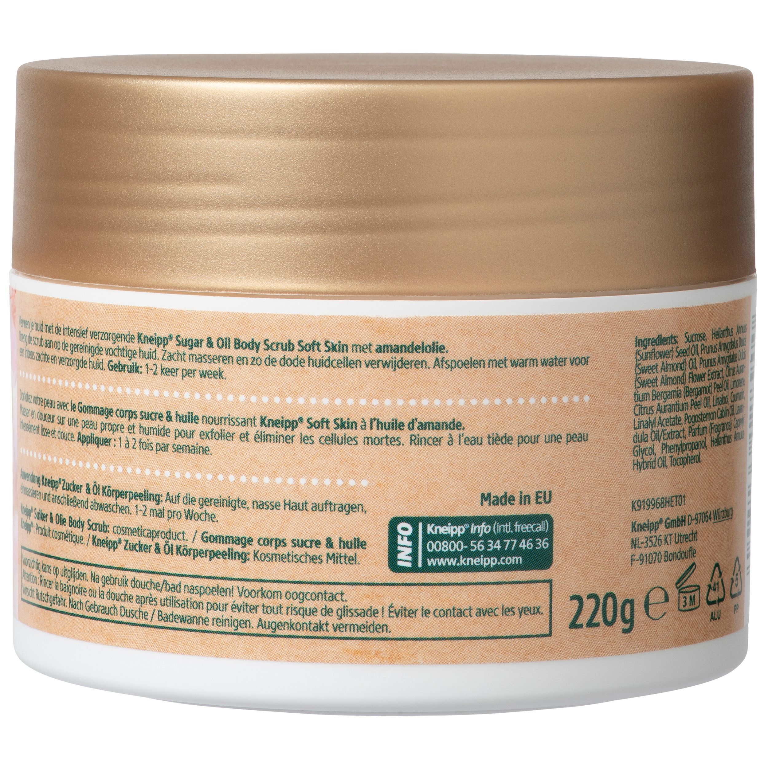 Achterkant van de witte pot met gouden deksel. Tekst, ingrediënten, 220g, Made in EU, keurmerken.