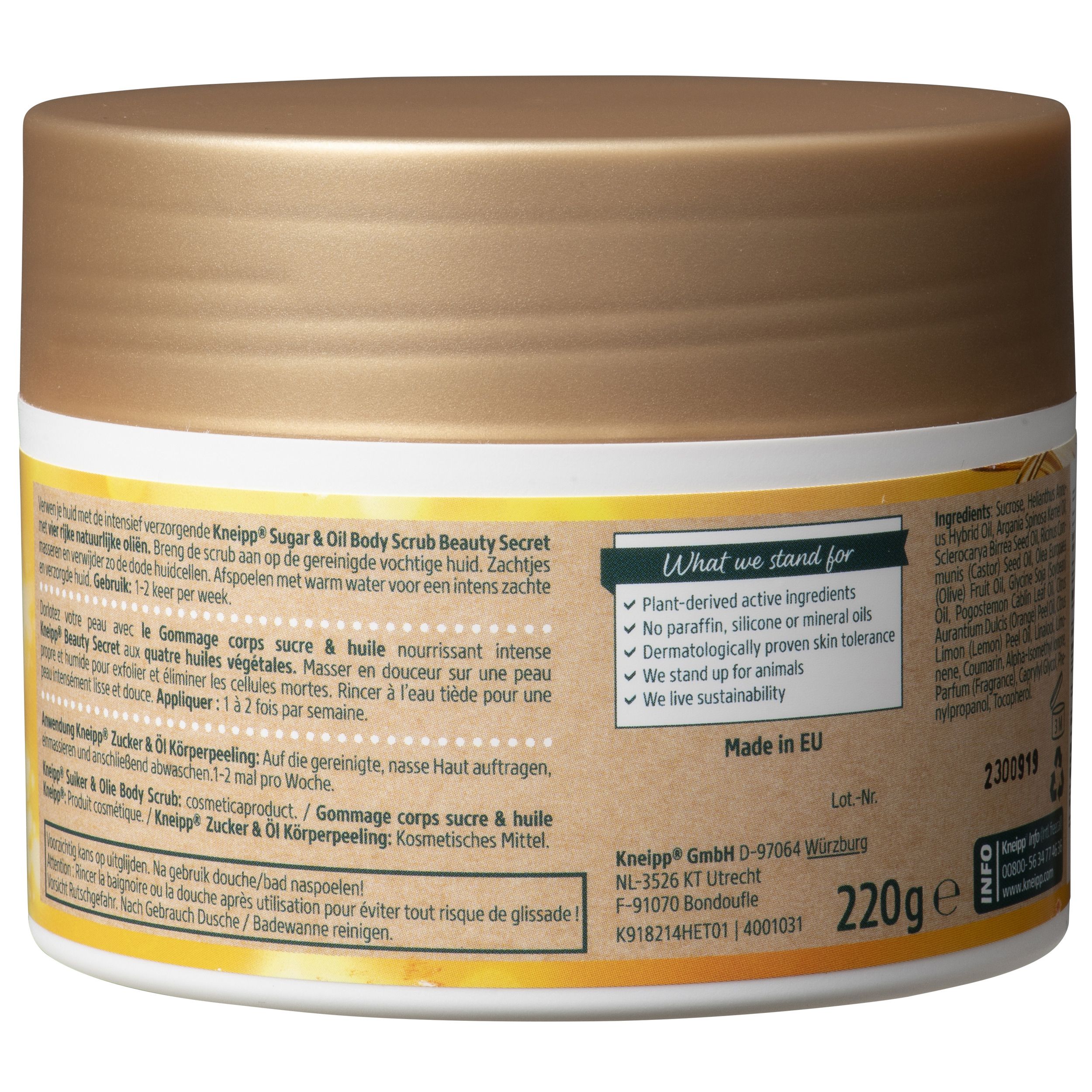 Achterkant van de pot. Bevat informatie over ingrediënten, herkomst en certificeringen. Met barcode.