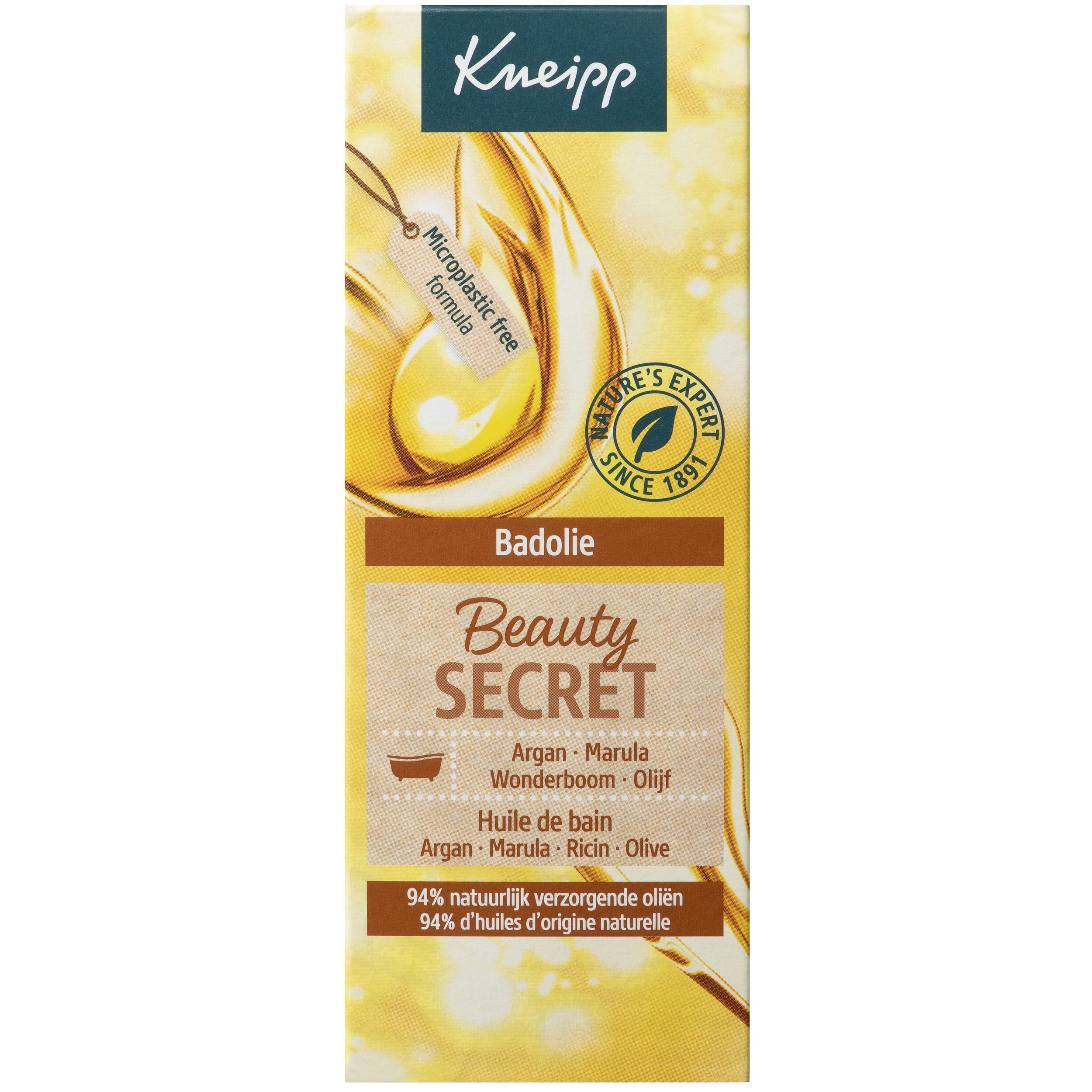 Flacon Kneipp Badeöl Beauty Secret. Huile de bain jaune. Boîte avec informations produit.