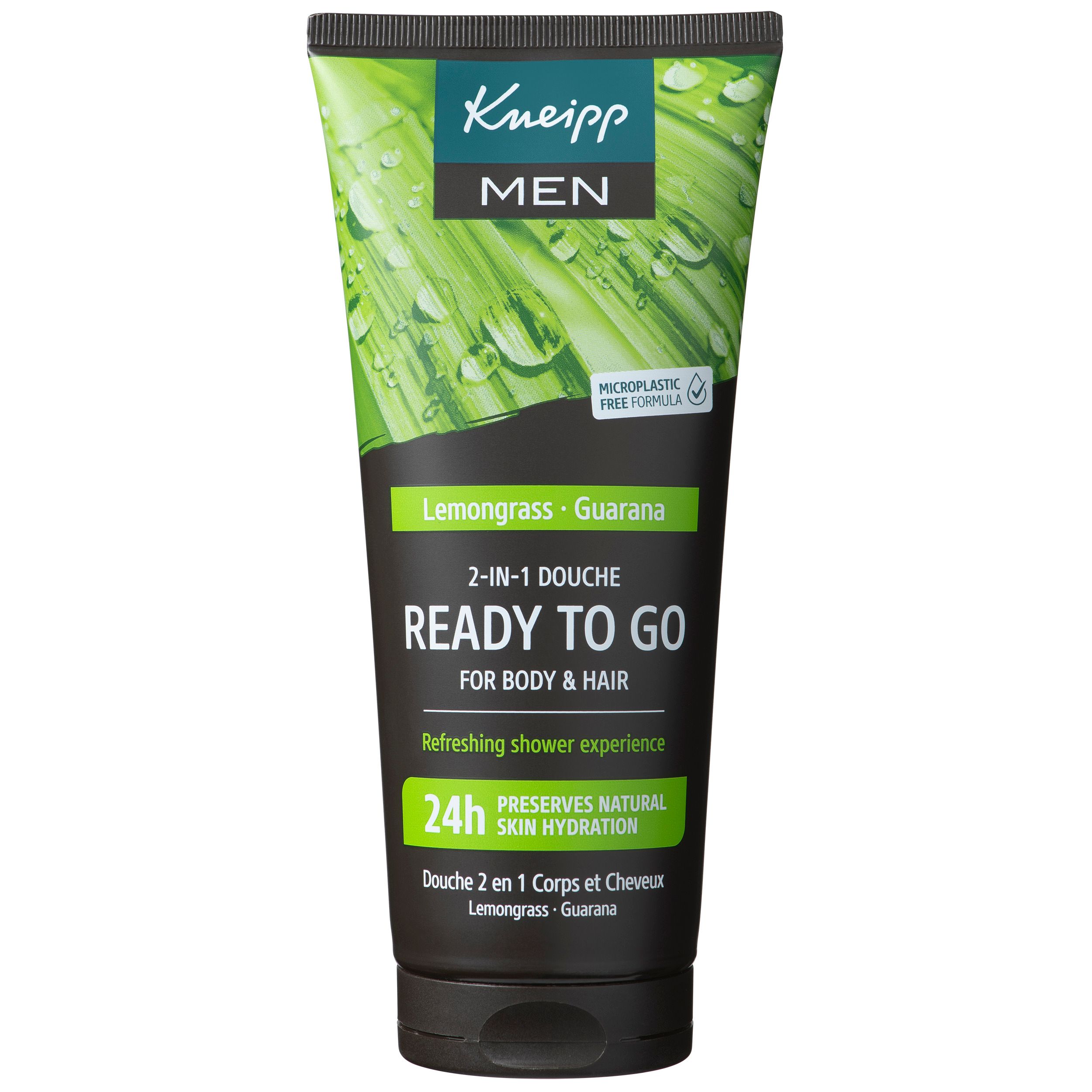 Douchegel tube met groene dop. Opschrift: Ready to Go, 2-in-1 Douche, Lemongrass, Guarana. Merk Kneipp.