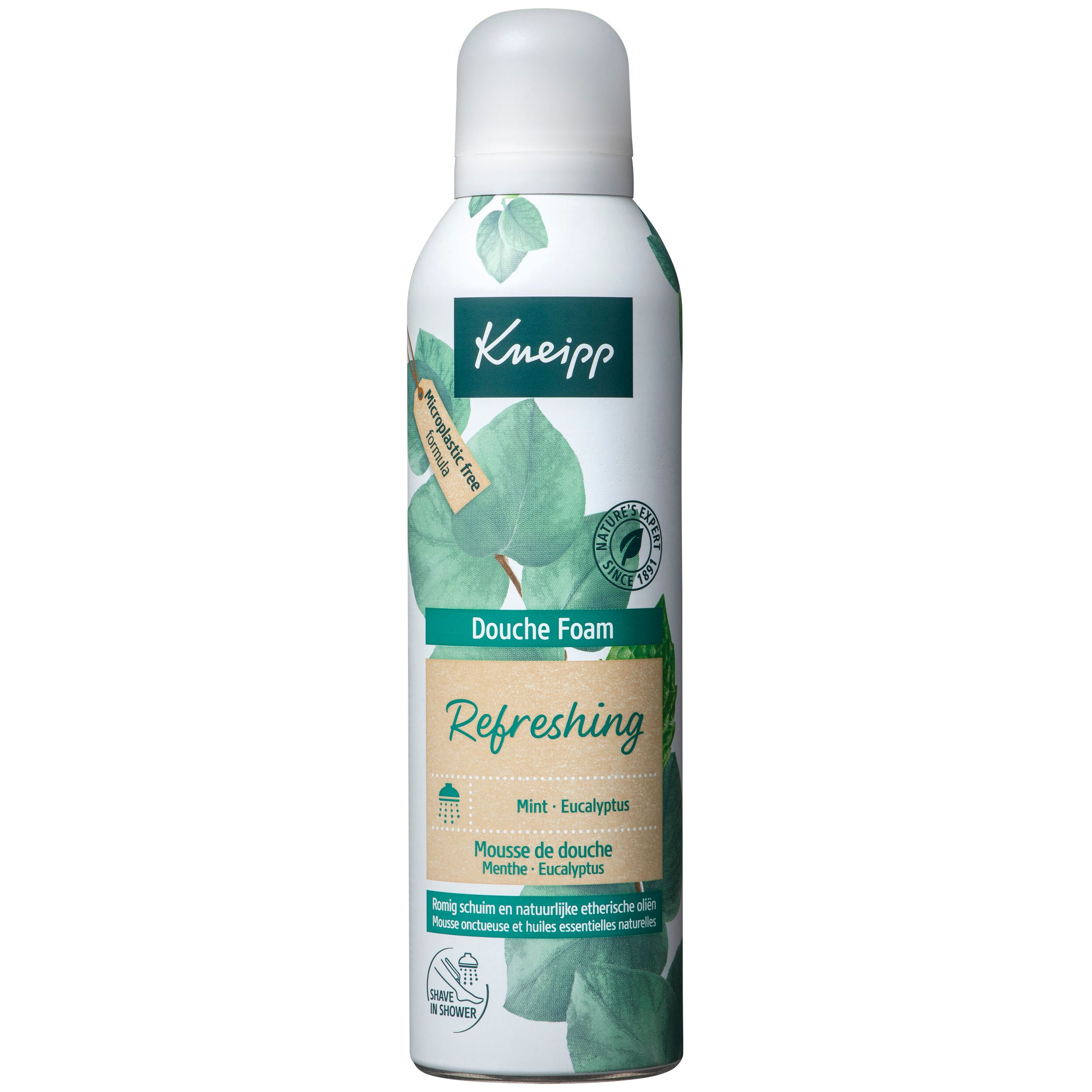 Wit-zilveren fles met Kneipp-logo en productnaam. Bladdecoratie. Opschrift: Duschschaum Refreshing Munt-Eucalyptus.