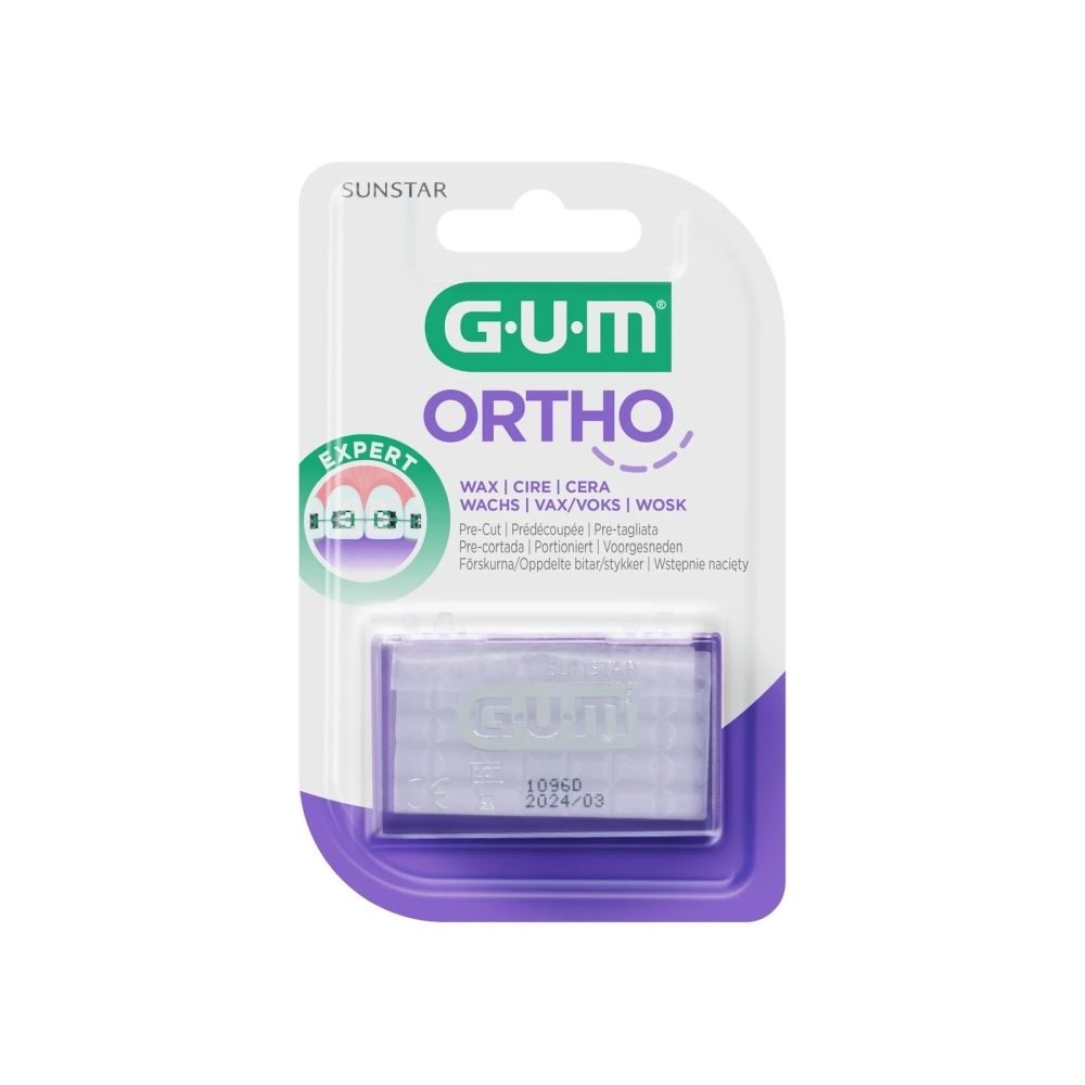 GUM Ortho Wax in blisterverpakking. Groen-witte verpakking met naam en logo. Transparante waxdoos.