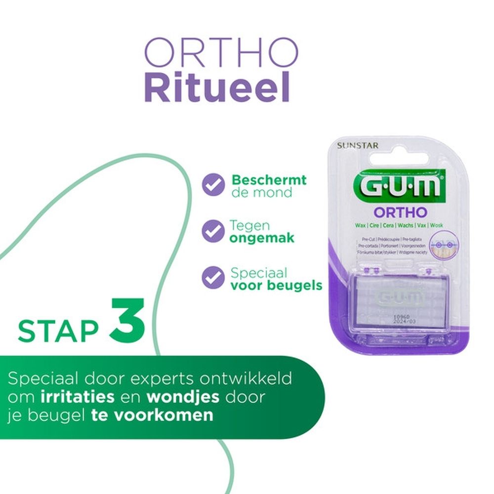 GUM Ortho Wax. Product en verpakking. Tekst en illustraties. Productnaam en logo duidelijk zichtbaar.