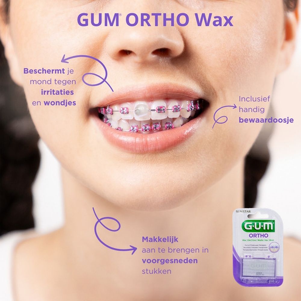 GUM Ortho Wax. Vrouw met beugel. Productafbeelding. Tekst over irritaties en wonden.