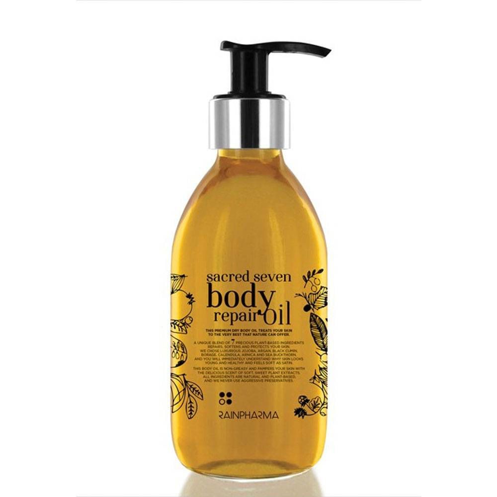 Gele fles met zwarte pomp. Opschrift "sacred seven body repair oil" en "Rainpharma".