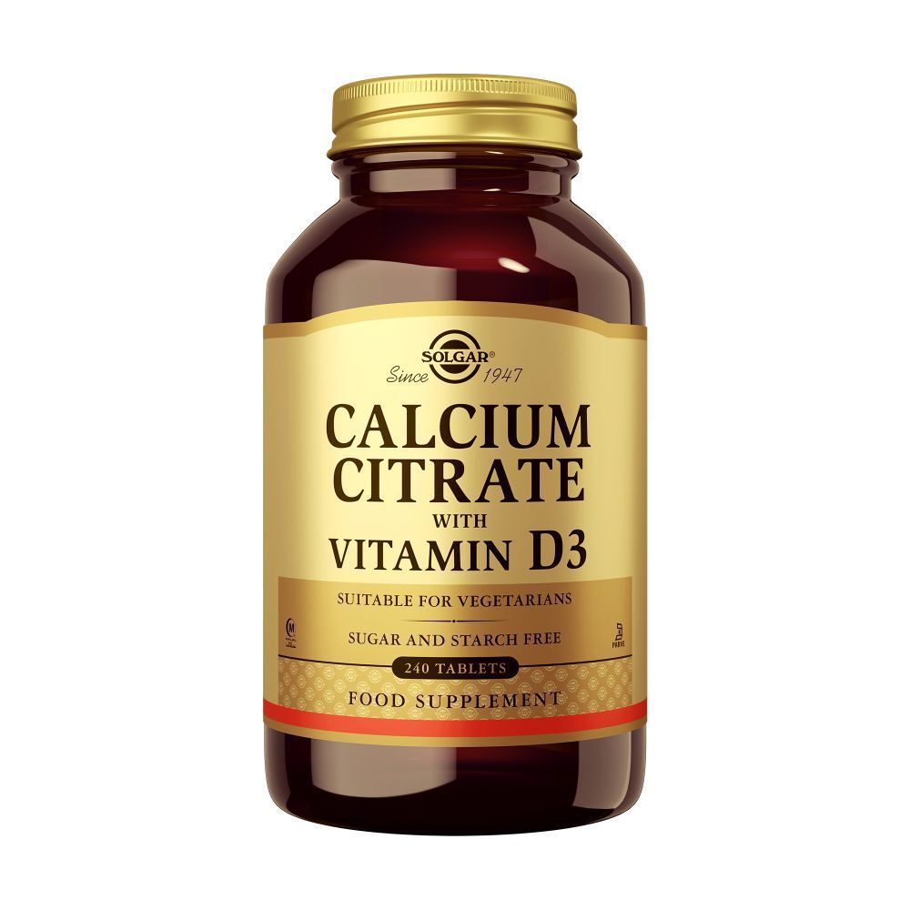Bruine glazen fles Solgar Calcium Citraat met Vitamine D3. 240 tabletten. Vooraanzicht.