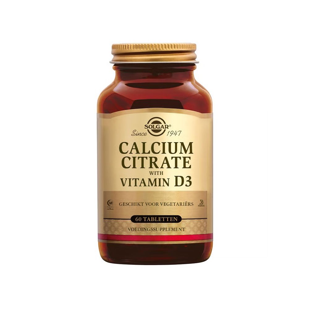 Flacon en verre brun avec couvercle doré. Étiquette "Calcium Citrat with Vitamin D3" et "60 comprimés".