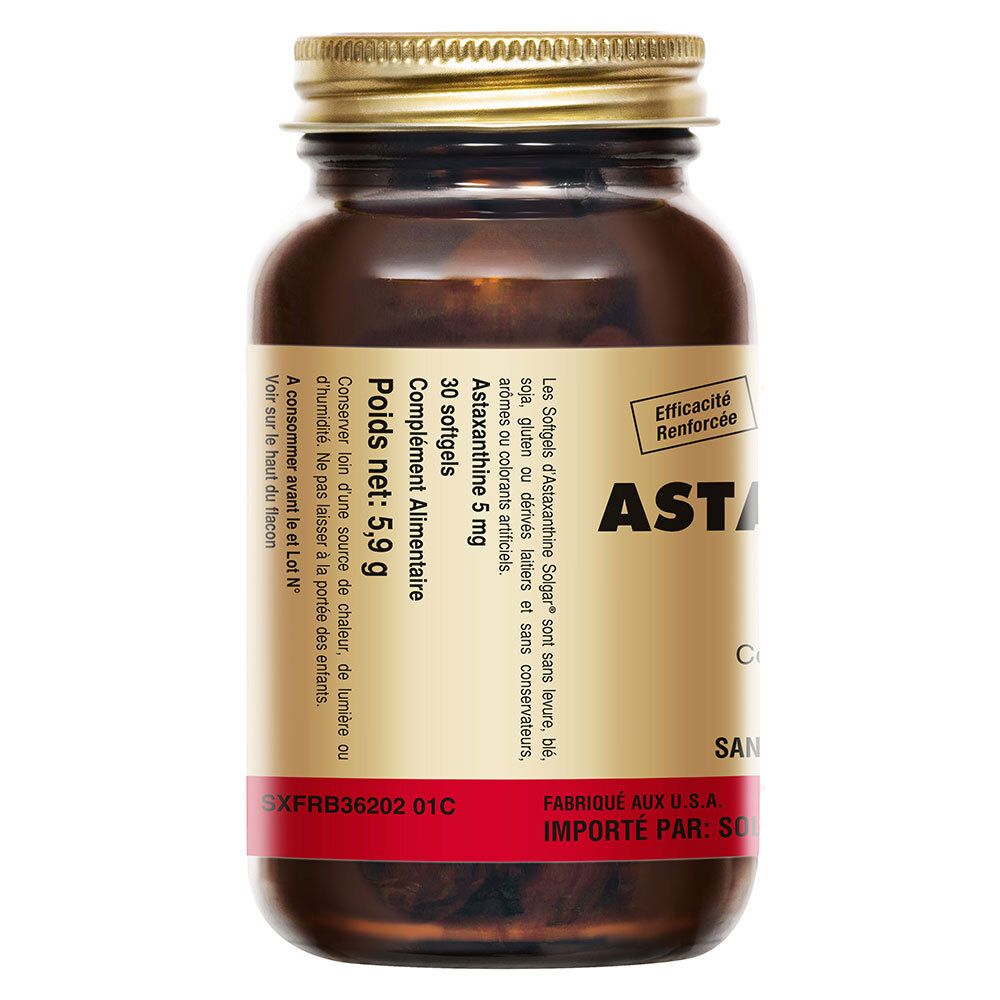 Dos du flacon. Texte: Astaxanthine 5 mg, 30 gélules. Informations fabricant. Marque: Solgar.