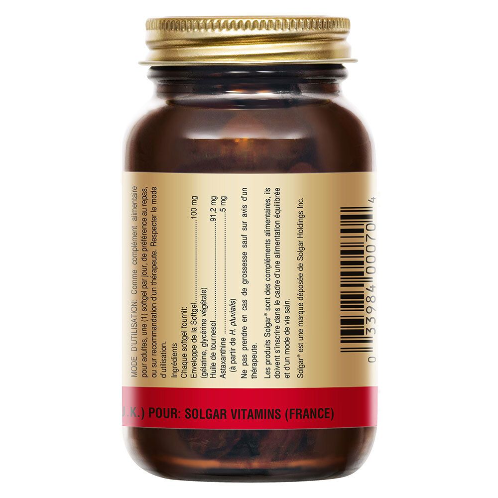 Dos du flacon. Texte: Ingrédients, dosage. Marque: Solgar.