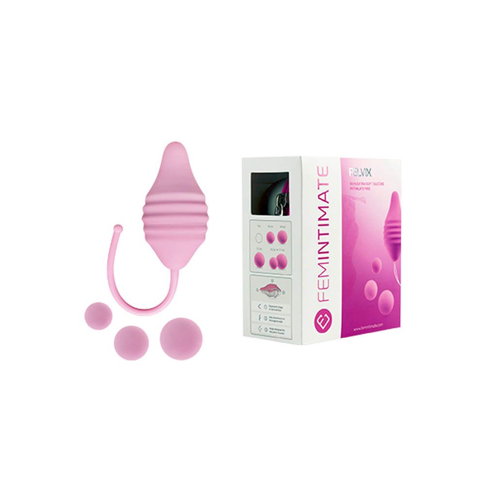 Produit et emballage Femintimate Pelvix. Rose. Produit, boules et emballage illustrés. Texte: FEMINTIMATE, PELVIX.