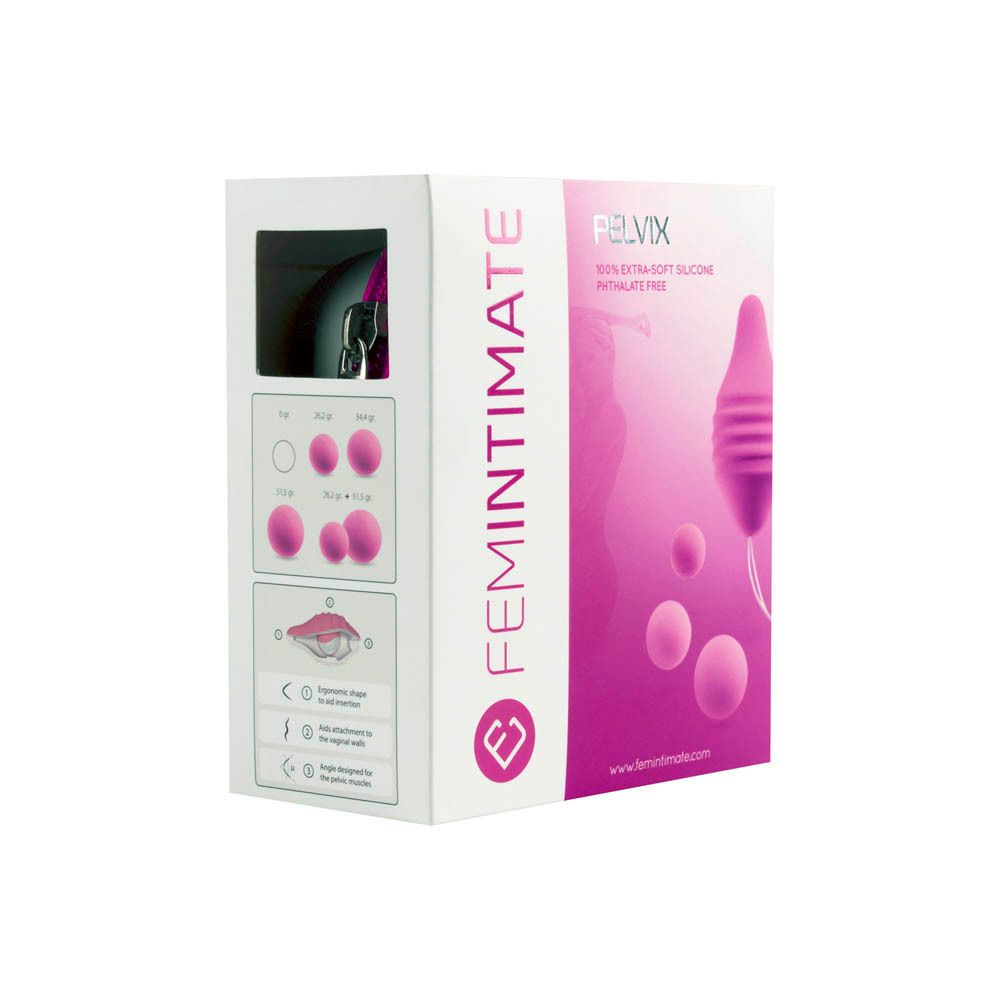 Boîte Femintimate Pelvix. Rose. Produit et boules illustrés. Texte: FEMINTIMATE, PELVIX.