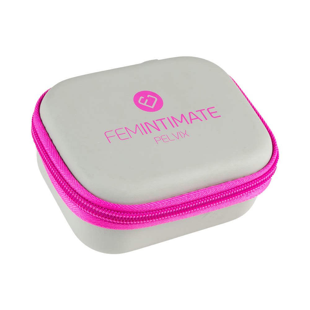 Femintimate Pelvix etui. Grijs met roze rits. Tekst: FEMINTIMATE, PELVIX.