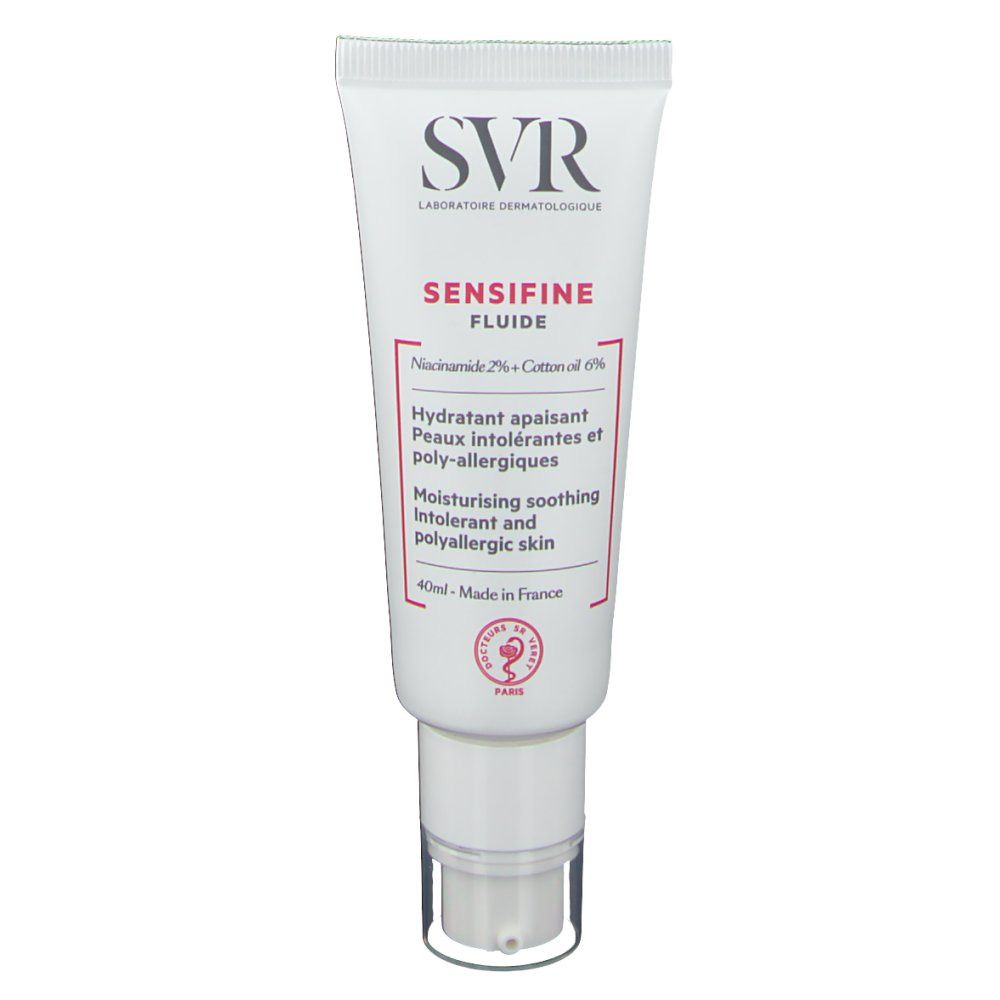 Witte tube met SVR-logo en productnaam SENSIFINE FLUIDE. Bevat tekst in het Frans en Engels. 40ml.