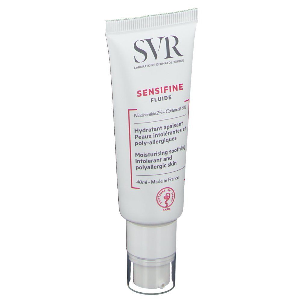 Witte tube met SVR-logo en productnaam SENSIFINE FLUIDE. Bevat tekst in het Frans en Engels. 40ml.