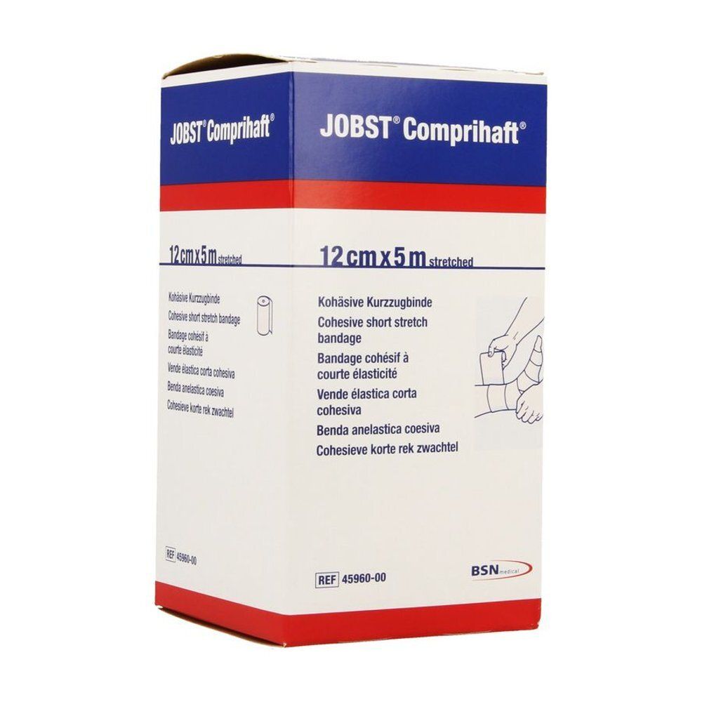 Doos van JOBST Comprihaft. Opschrift: 12cm x 5m, cohesief kortverband. Referentienummer 45960-00.