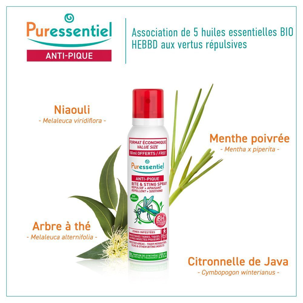 Puressentiel Anti-Pique Spray, boîte de 200ml avec bouchon rouge et motif moustique.