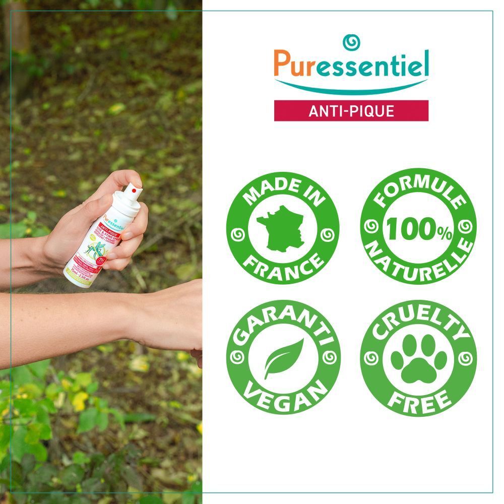 Puressentiel Anti-Pique Spray, boîte de 200ml avec bouchon rouge et motif moustique.