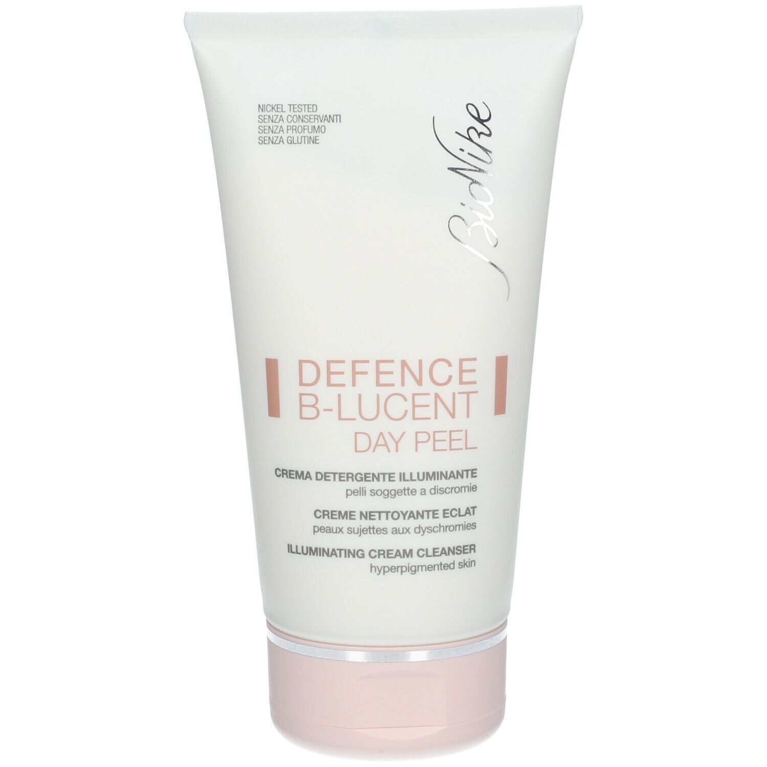 Tube blanche et rose avec DEFENCE B-LUCENT DAY PEEL. Marque BioNike. Testé au nickel, sans conservateurs, sans parfum, sans gluten.