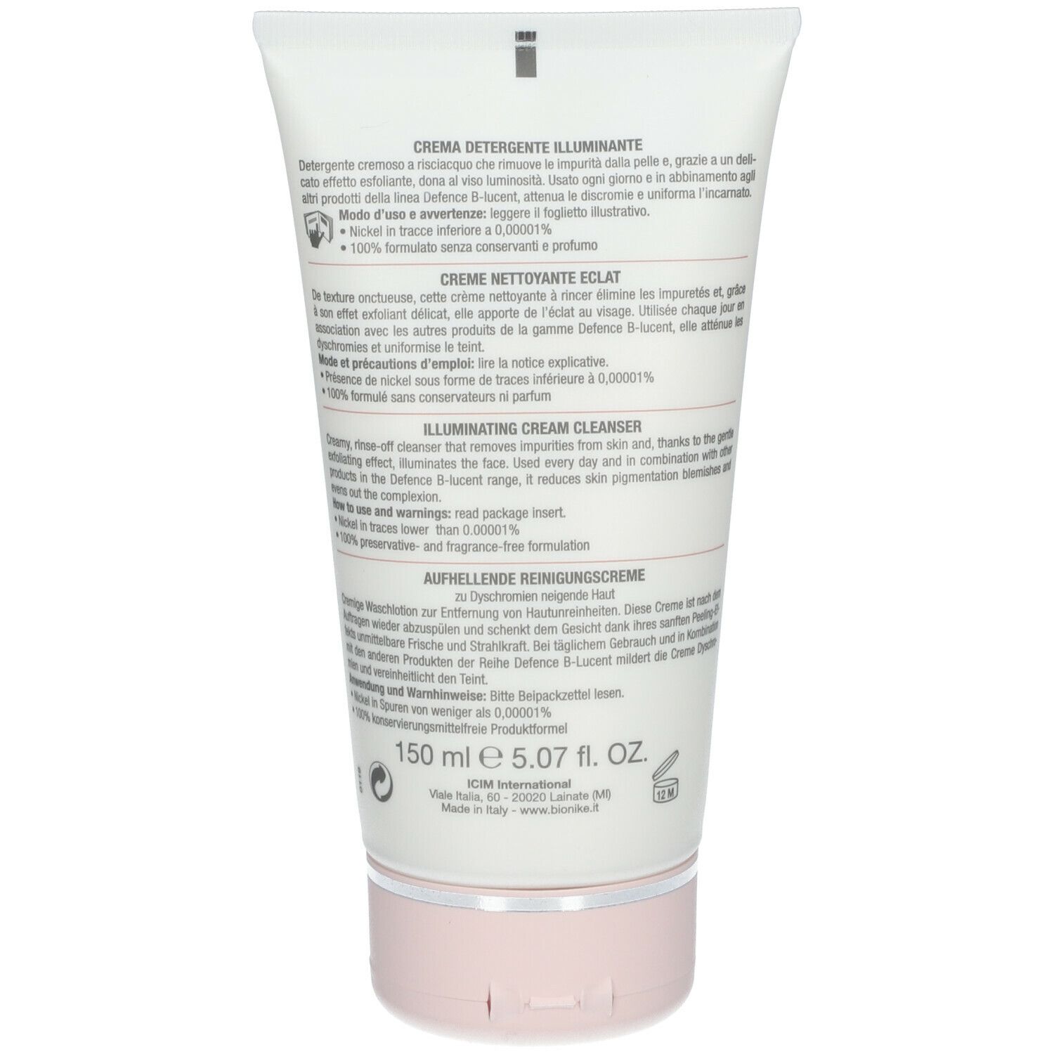 Dos du tube. Texte multilingue. 150 ml. Nickel inférieur à 0,00001%. Sans conservateur et parfum. Marque BioNike.