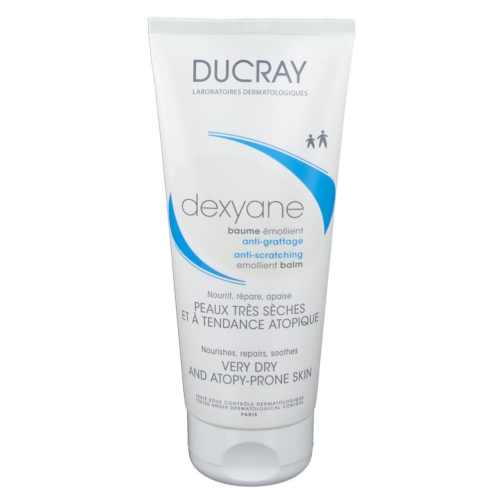 Tube blanche avec graphisme bleu et texte. "DUCRAY Dexyane" et informations produit. Comprend un bouchon.