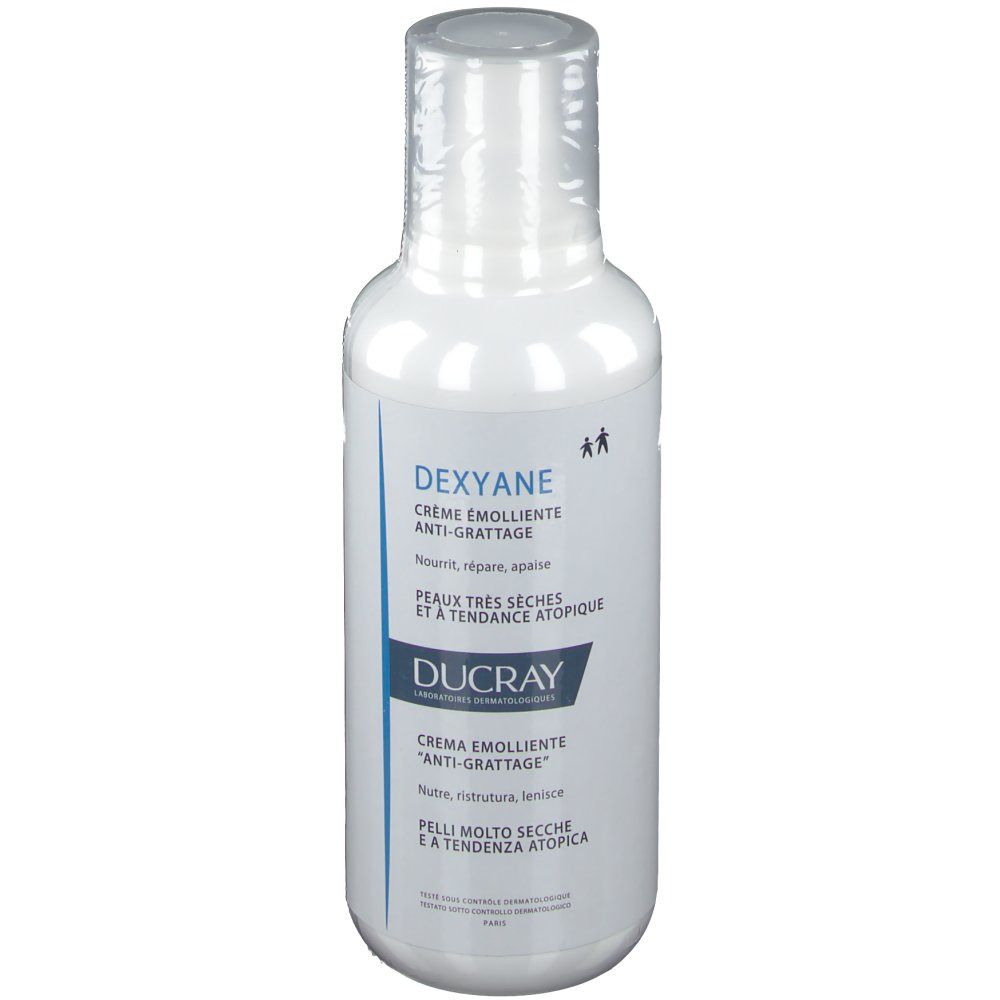 Witte fles DUCRAY DEXYANE crème. Tekst: Crème émolliente anti-grattage. Voor een zeer droge huid.