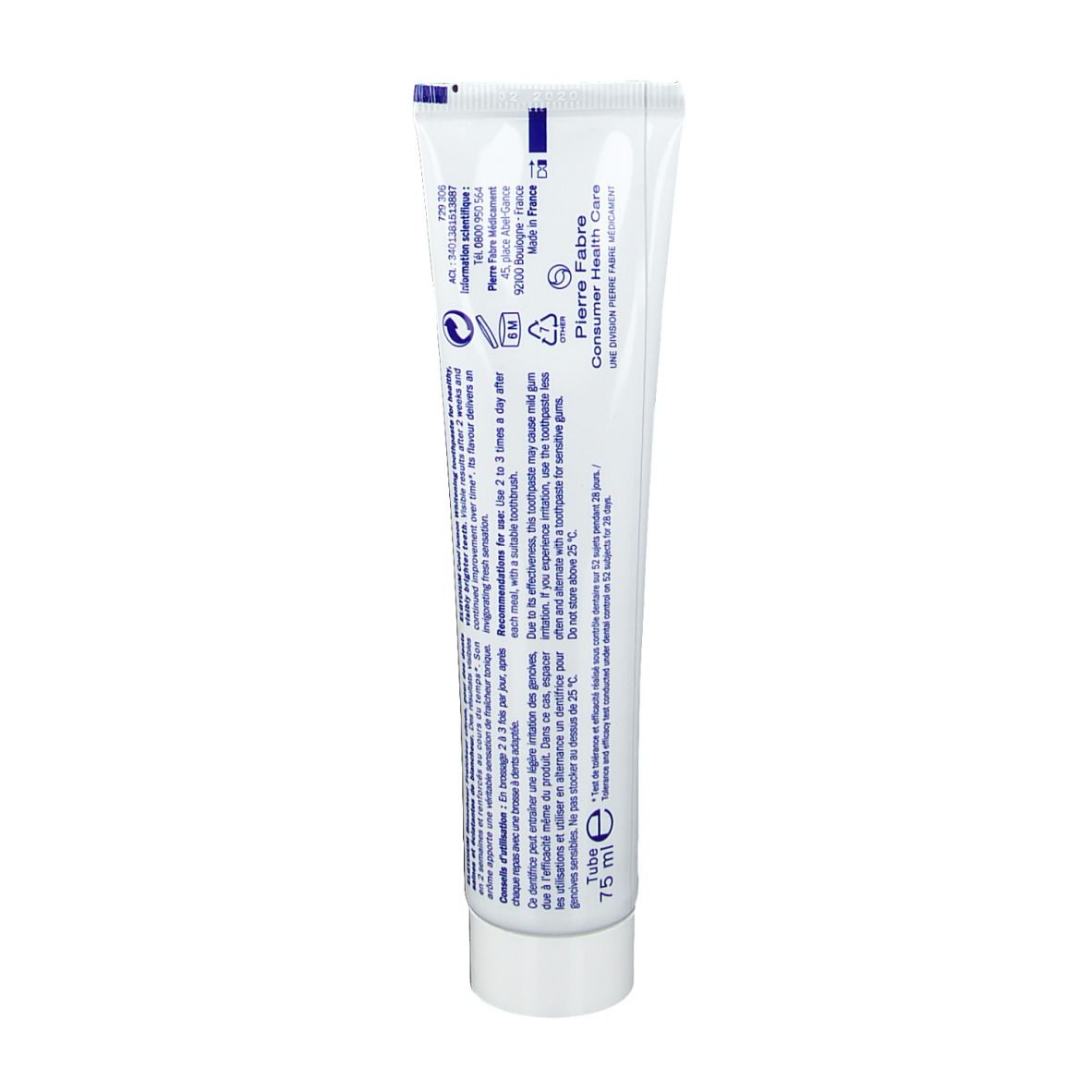Tube blanc avec inscription bleue, 75 ml.