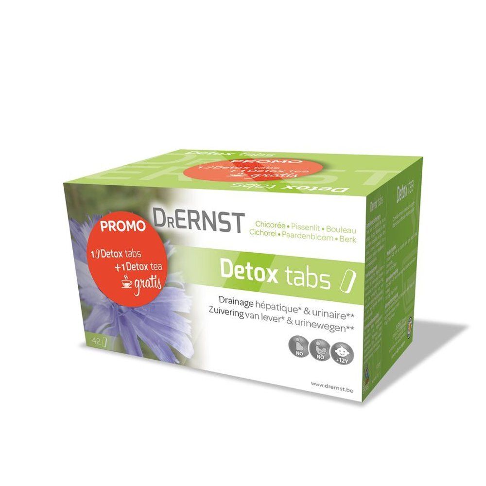 Doos "Dr. Ernst Detox tabs". Groen-witte verpakking. Tekst: "Detox tabs", "Promo", "1/Detox tabs +1 Detox tea gratis".