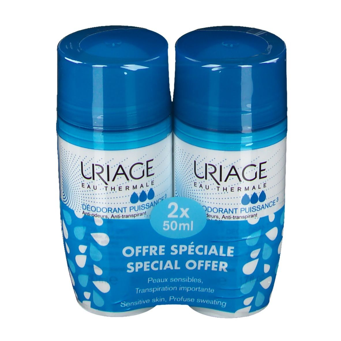 Deux roll-on bleus dans un emballage. Inscription: Uriage, Déodorant Puissance, 2x50ml. Offre spéciale.