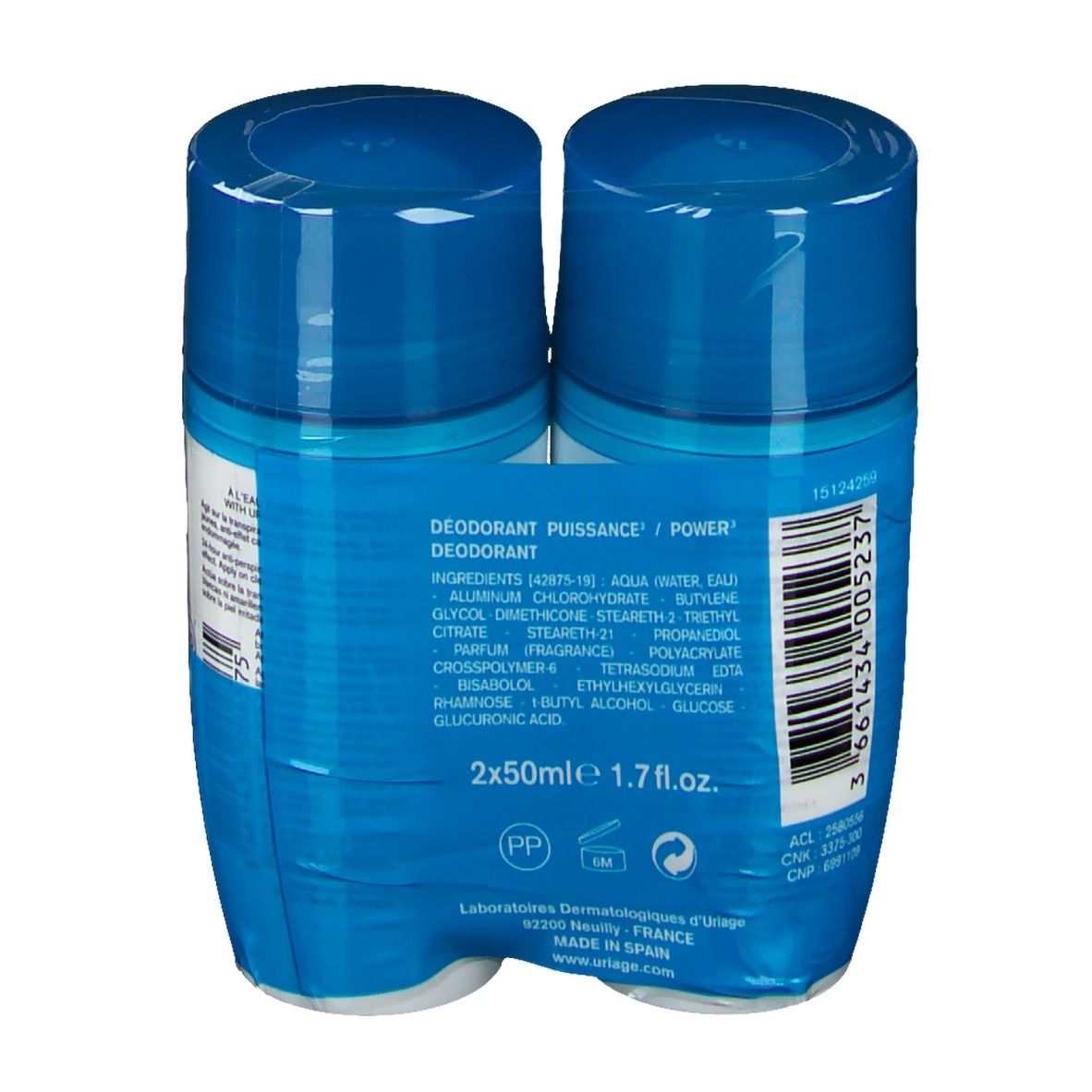 Dos d'un emballage double de roll-on. Inscription: Déodorant Puissance, ingrédients, 2x50ml, 1.7 fl.oz.