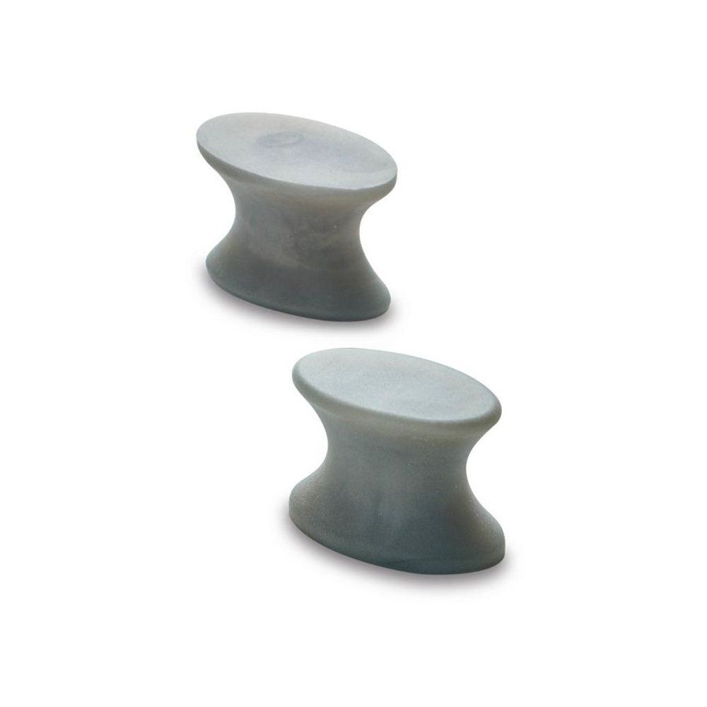 Deux séparateurs d'orteils gris. Silicone. Forme en sablier. Vue en perspective.
