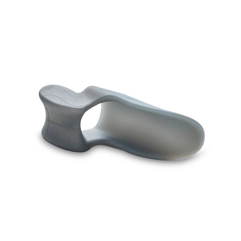 Grijze hallux valgus corrector. Siliconen materiaal, anatomische vorm. Zijaanzicht.