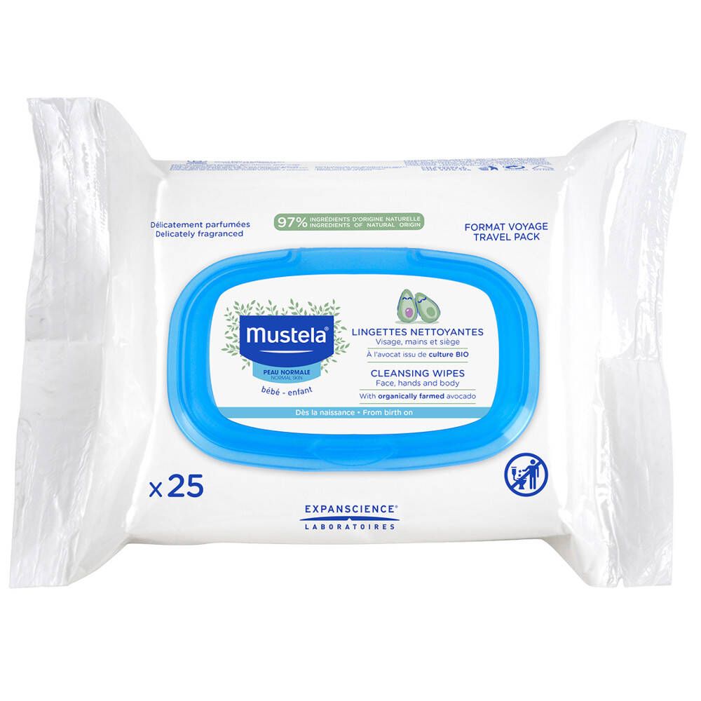 Paquet de lingettes Mustela. Couvercle bleu. Inscription : Lingettes nettoyantes, 25 pièces, visage, mains et corps.