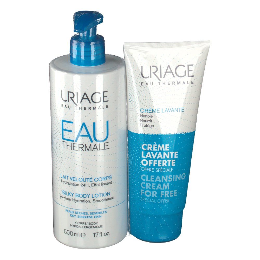 Twee lichaamsverzorgingsproducten. Een grote fles met pomp en een tube. Beide met blauwe en witte accenten.