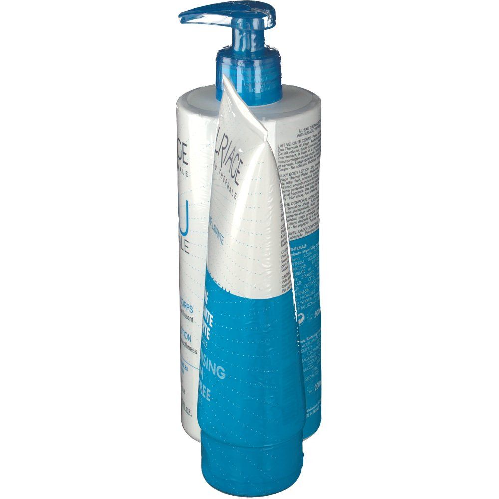 Twee lichaamsverzorgingsproducten, fles en tube, staan naast elkaar. De tube is gedeeltelijk voor de fles geplaatst.