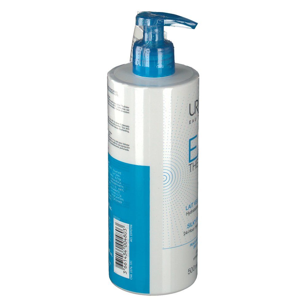 Een bodylotionfles met pomp. Wit met blauwe accenten. Productnaam en volume-aanduiding zichtbaar.