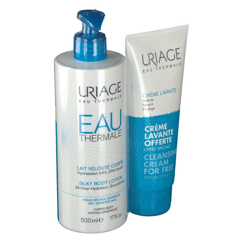 Twee lichaamsverzorgingsproducten. Een fles met pomp en een tube. Beide met blauwe en witte accenten.