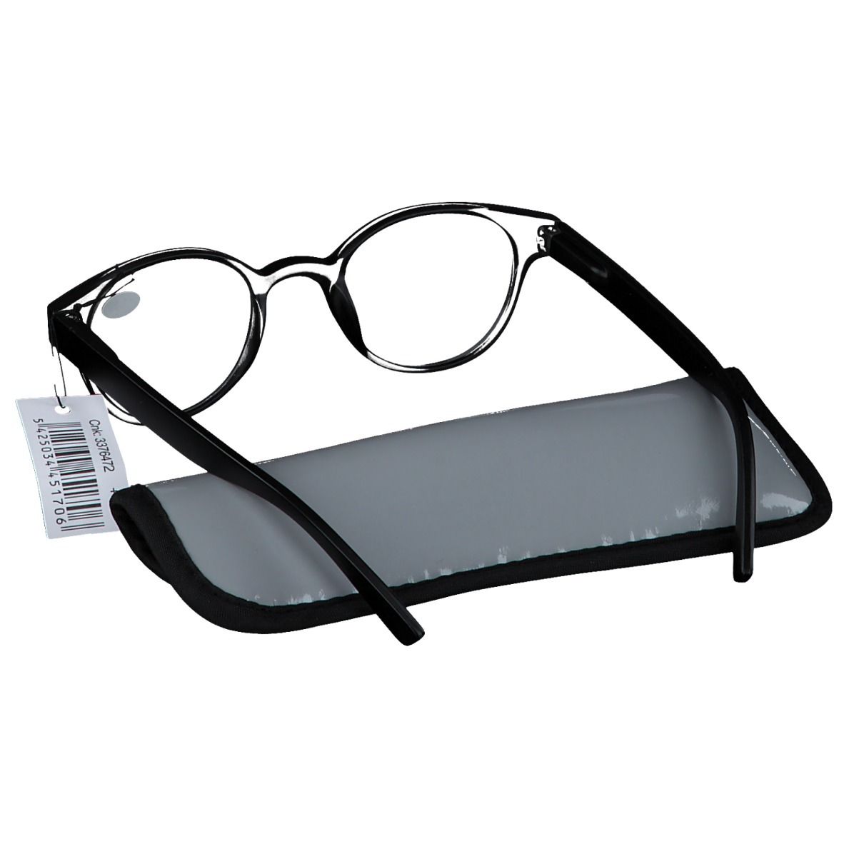 Lunettes à monture noire et étui. Verres +1.50. Étui gris. Étiquette de prix.